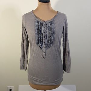 J.Crew Grey Ruffle Half Button 3/4 Sleeve Top